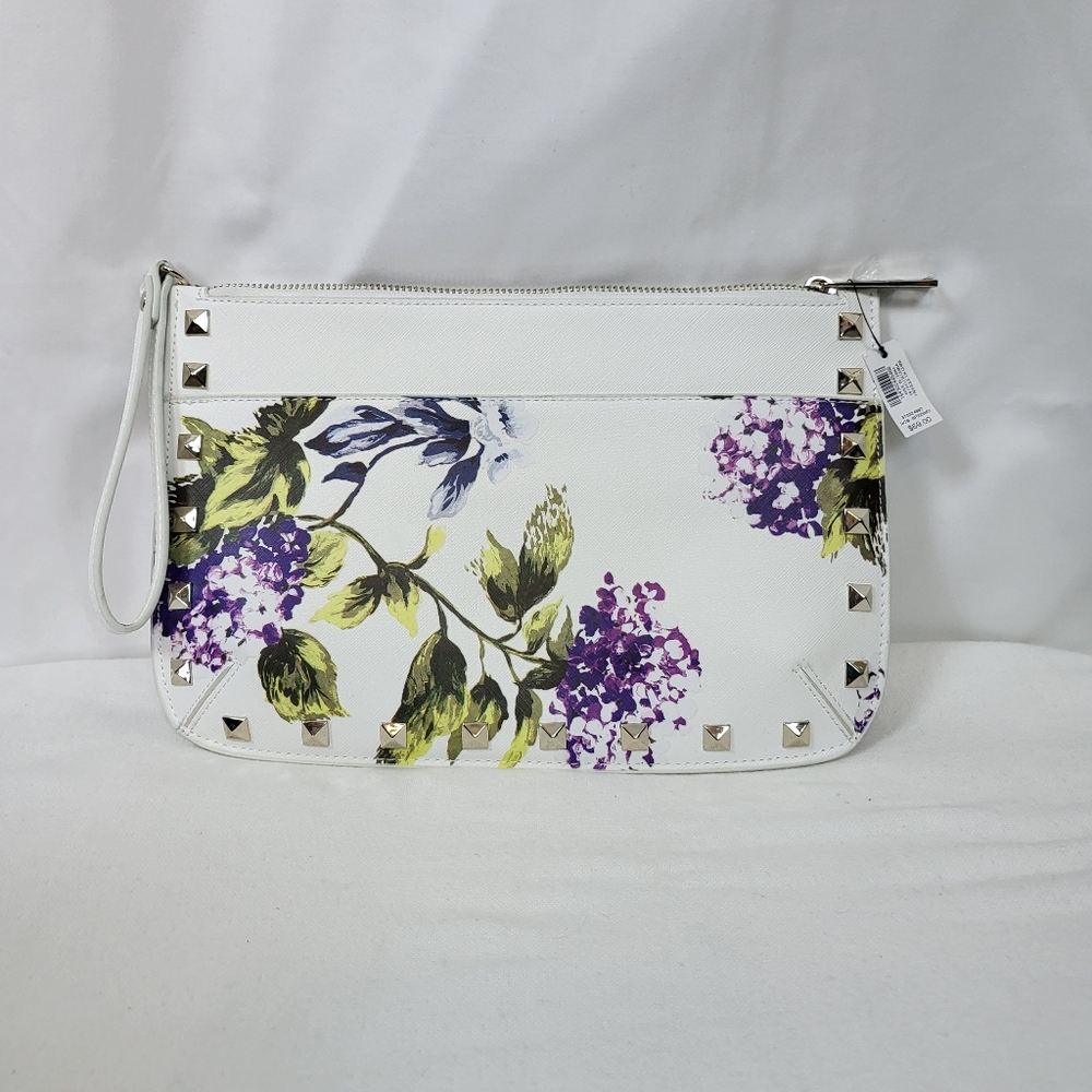 White House Black Market White Purple Hydrangea Studded Wristlet Clutch New